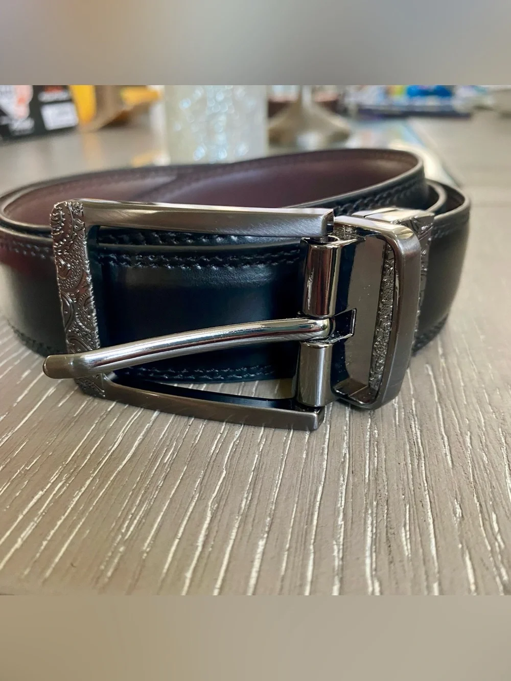 Robert Graham Brown Leather Belt with Paisley print Brushed Silver Buckle